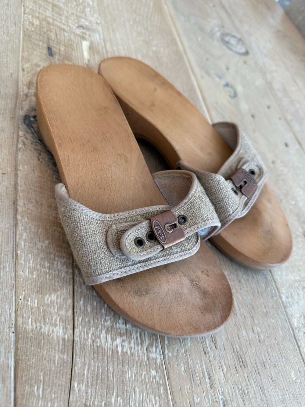 Vintage Dr Scholl's Exercise Sandals Wood Sole Women's Sz7 Khaki EUC!